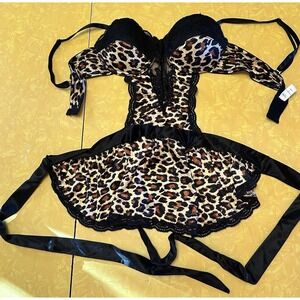 Passion Forever Leopard Print Black Lace Babydoll Size S Waist Tie Push Up